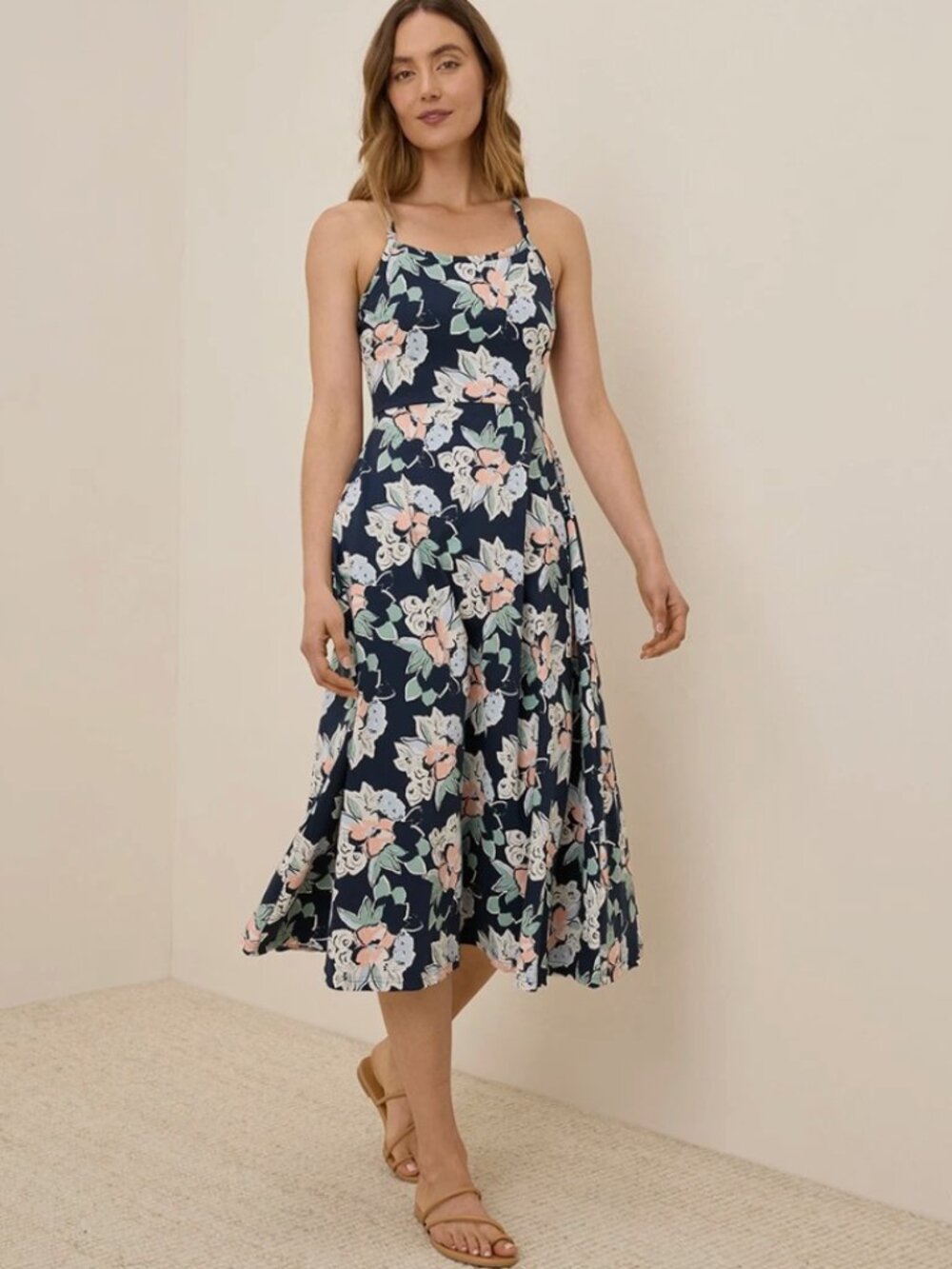 Pact Navy Blue Floral Fit and Flare Midi Dress